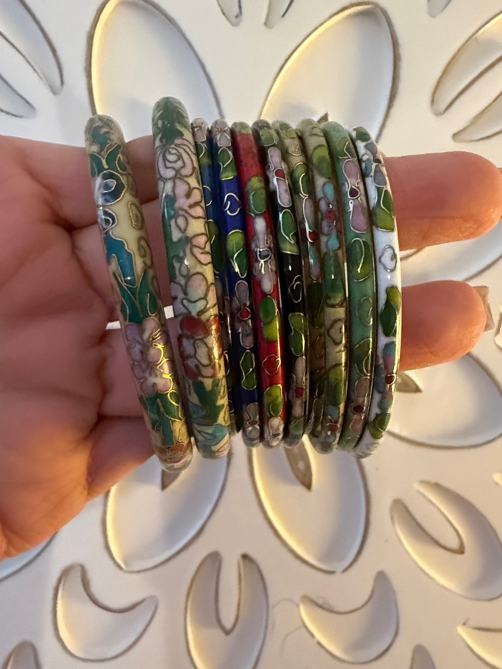 Cloisonné Floral Bangle Bracelet Set - Green Multi